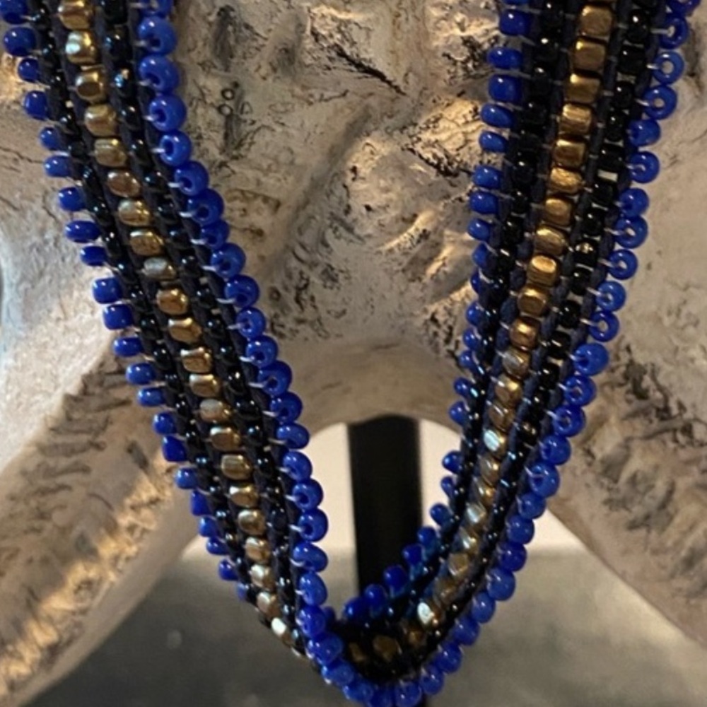 Seedbead adjustable bracelet, 7” to 10”, navy blue, black and gold seedbead
